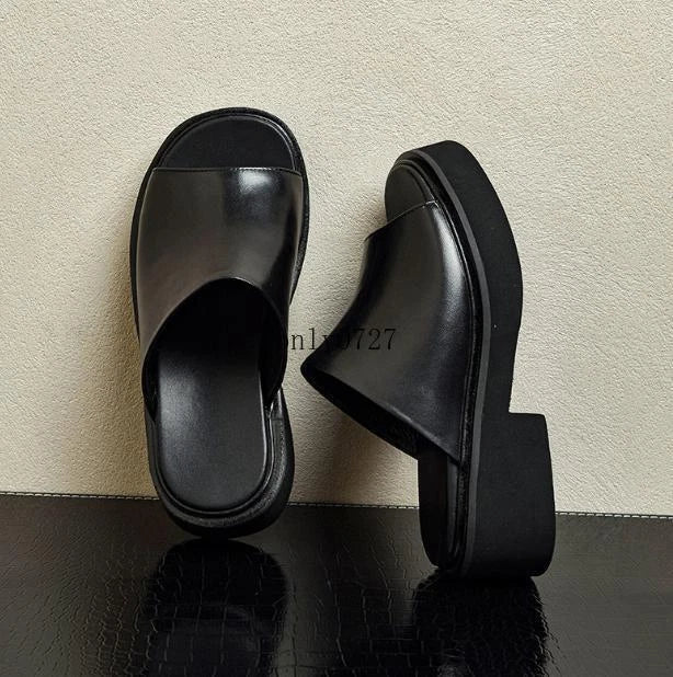 Real Leather Platform Slippers Men's Open Toe Casual Slip On Block Heel Sandals