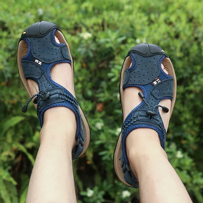 Summer Men's Leather Sandals Outdoor Beach Shoes Comfort Casual Lackk Up Slipper