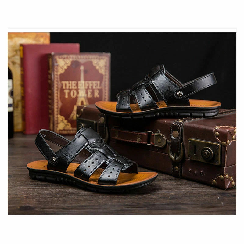 New Men Sandals Leather Shoes Open Toe Flats Slip On Beach Fisherman Shoes