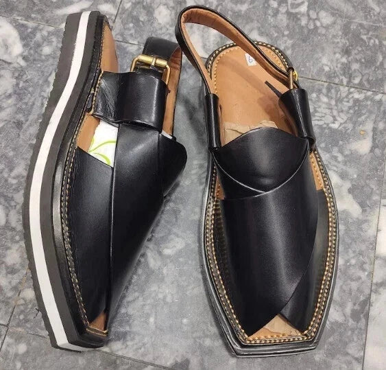 Handmade New Men's Premium Quality Black Peshawari Chappal Pure Leather Sandals