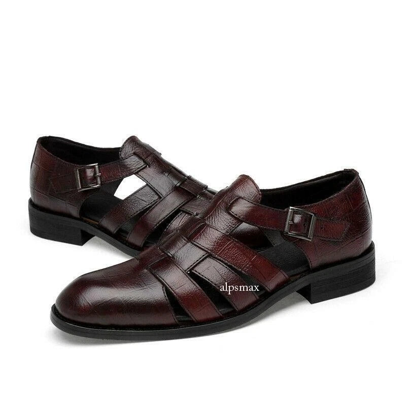 Mens Dress Formal Sandals Shoes Hollow Cut Out Buckle Leather Flats Roman Shoes