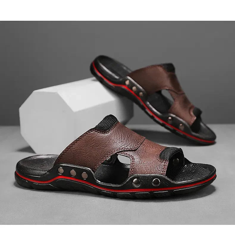 Mens Slippers Sandals Open Toe Fashion PU Leather Beach Holiday Summer Flats New
