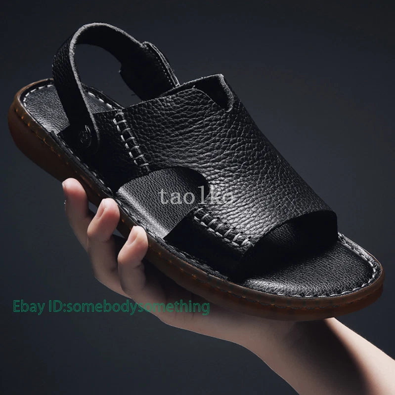 Open Toe Leather Slip on Slippers Sandals Flats Beach Holiday Men Shoes
