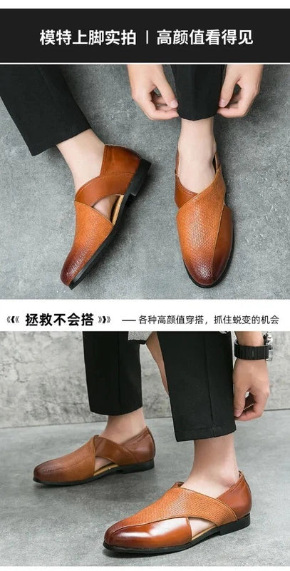 Mens Hollow Out Sandals Summer Breathable British Woven Leather Sandals Sz