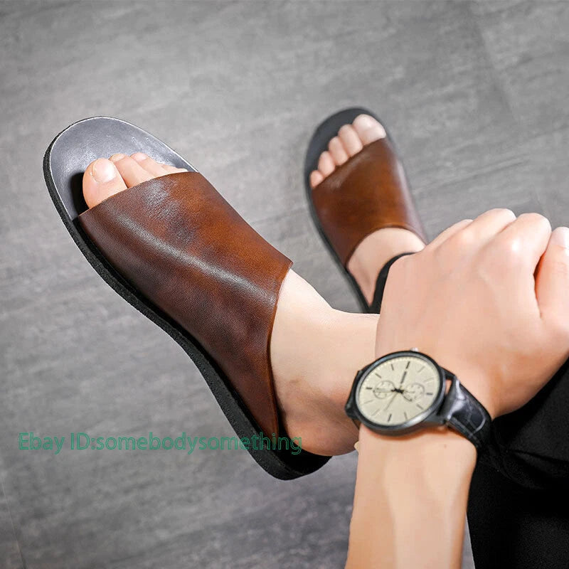 Men's Flat Leather Open Toe Breathable Outdoor Beach Slippers Sandals Shoes