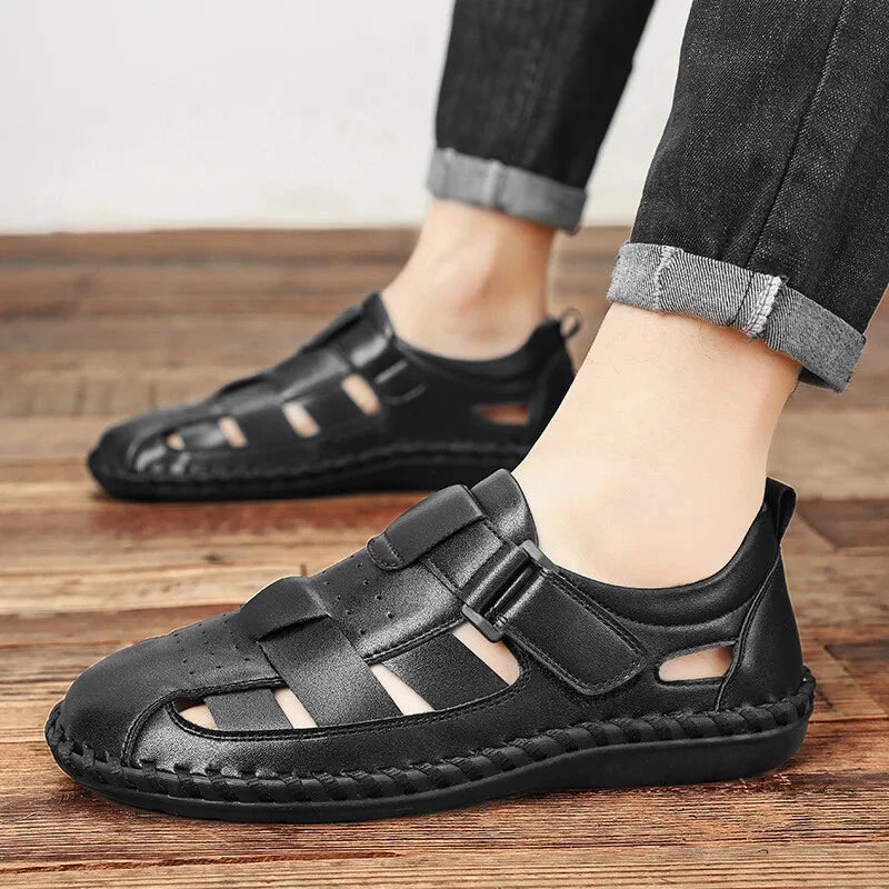 Men Leather Loafers Breathable Soft Sandals Handmade Non Slip Beach Slippers