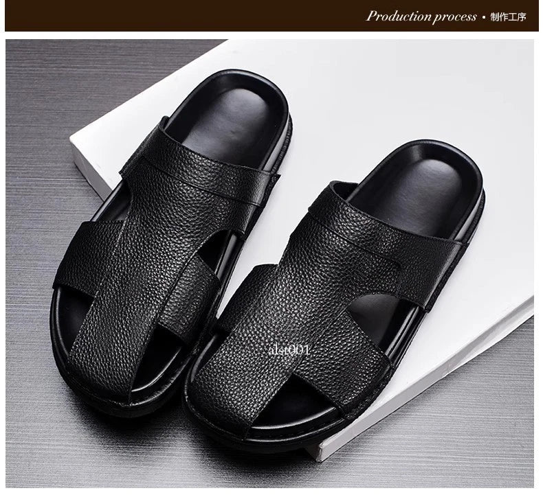 Mens Cowhide Slippers Outdoor Breathable Sandals Anti Slip Beach Casual Slippers