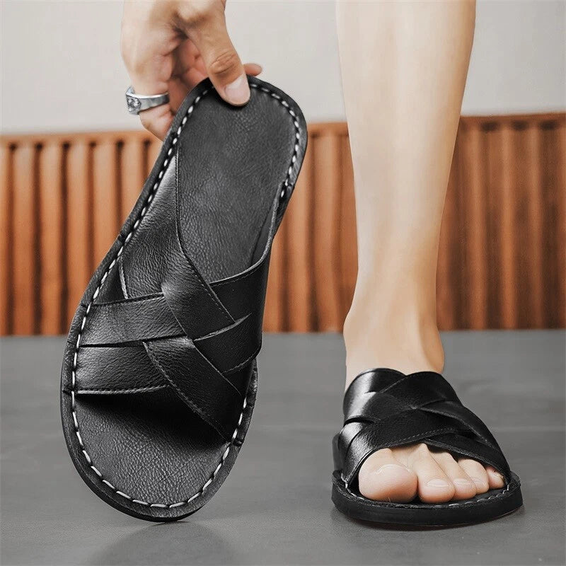 New Mens Casual Leather Sandals Close toe Beach Slippers Slides Outdoor Shoes