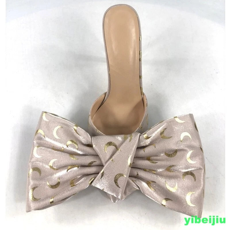 Fashion Womens Pointy Toe Big Bowknot Mules Slim High Heels Slippers Club Ladies