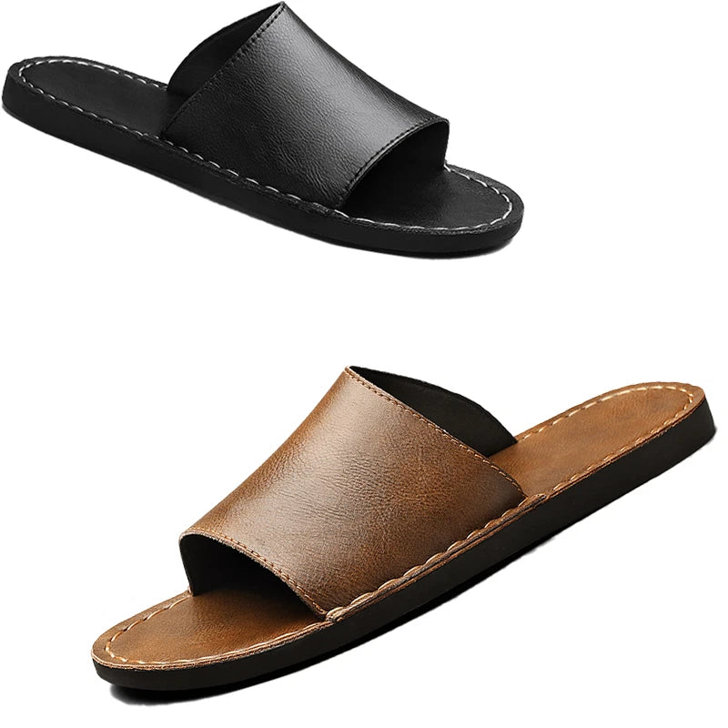 Men Casual Leather Sandals Refreshing Summer Beach Slippers Slides Outdoor Shoes