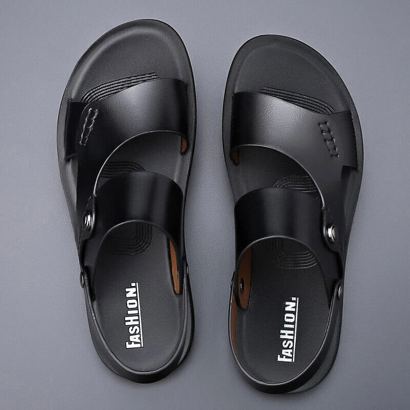 Men Shoes Leather Non-slip Beach Slip-On Sandals Travel Flip Flop Slippers Brown