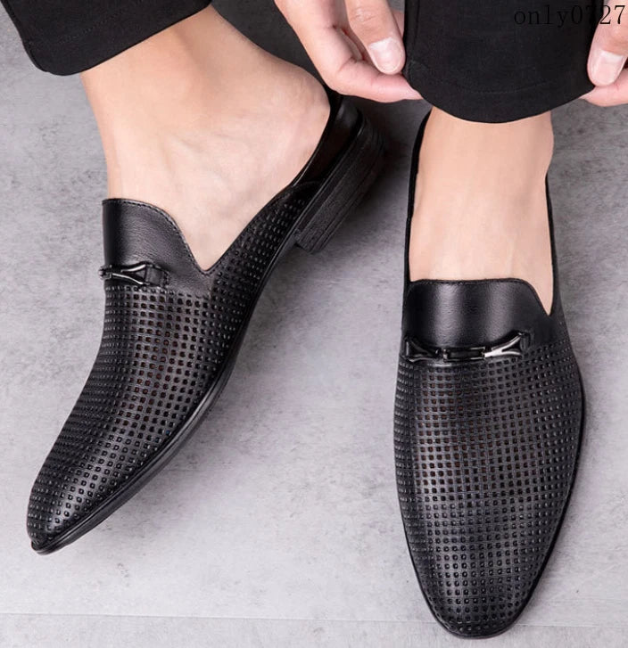 Mens Leather Breathable Sandals Pointy Toe Slip On Metal Slipper Shoes Mules Hot