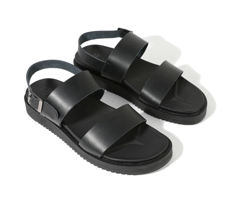 Firenze Atelier Mens Black Leather Open Toe Roman Sandals Fashion Beach Slippers