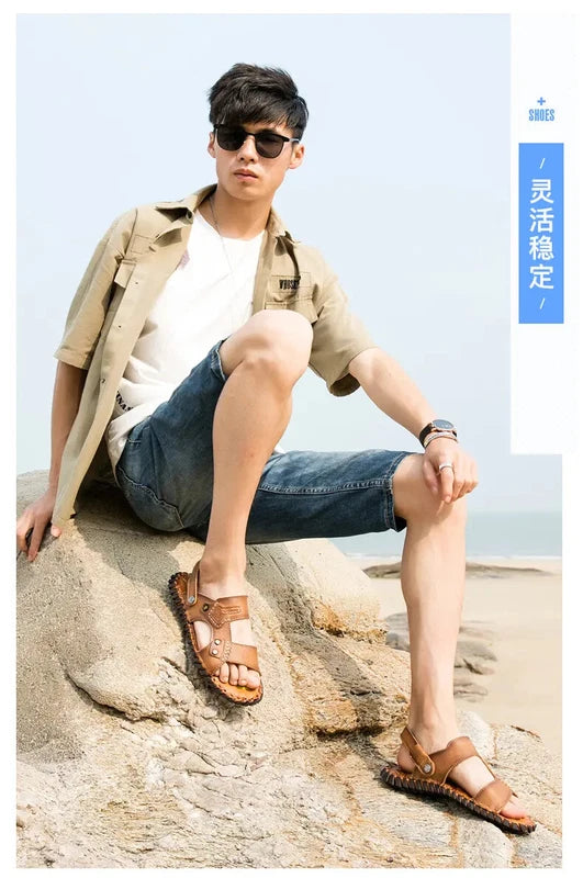 Open Toe Hollow Out Leather Mens Slippers Sandals Beach Holiday Summer Slingback