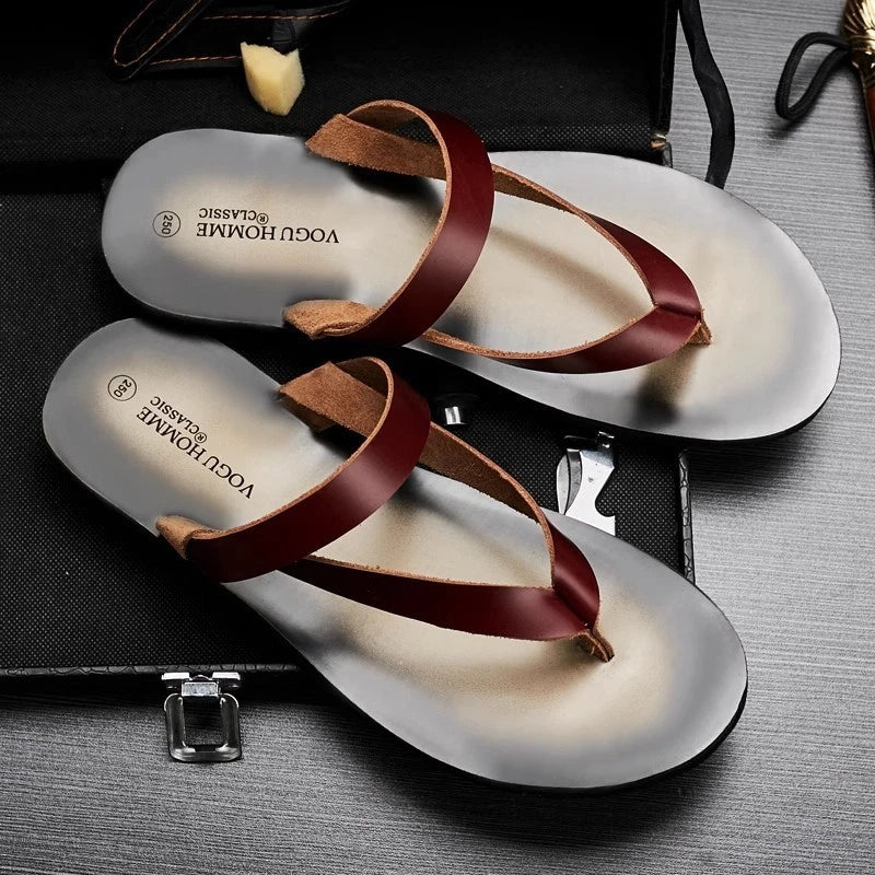 Men's Cowhide Slippers Casual Leather Flip Flops Breathable Slip on Beach Shoes
