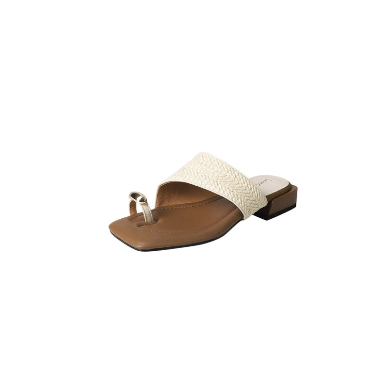 Womens Metal Buckle Slippers Summer Coarse Middle Heel Square Toe Beach Sandals