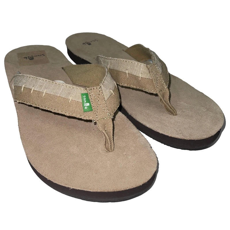 Sanuk Flip Flops Mens Brown Suede Leather Canvas Comfort Slipper Sandals Dr Fray