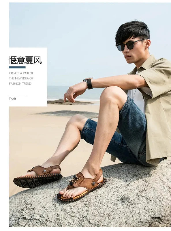 38-48 Plus Size Mens Real Leather Flip Flops Sandals Slipper Beach Holiday Shoes