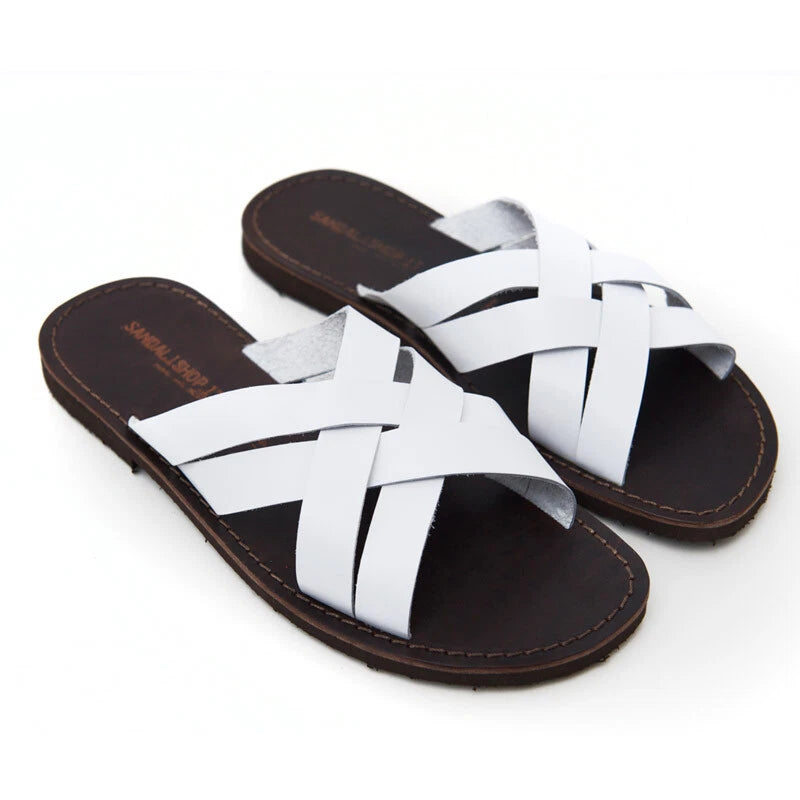 Made in Italy Men's Leather and Handmade Leather Slippers White for the Sea