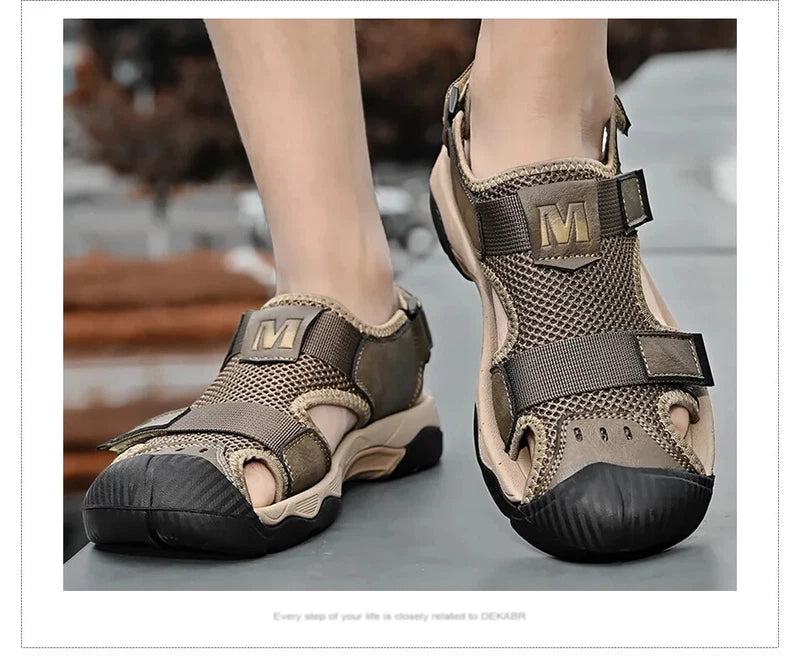 Fashion Casual Men Shoes Genuine Leather Mesh Beach Sandals Breathable Slippers