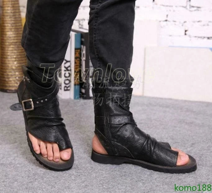 Men's Roman Sandals High Top leather  Flip Flop Gladiator Buckle Shoes Slingback