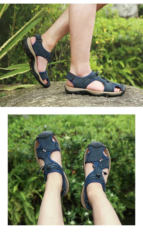 Summer Men's Leather Sandals Outdoor Beach Shoes Comfort Casual Lackk Up Slipper