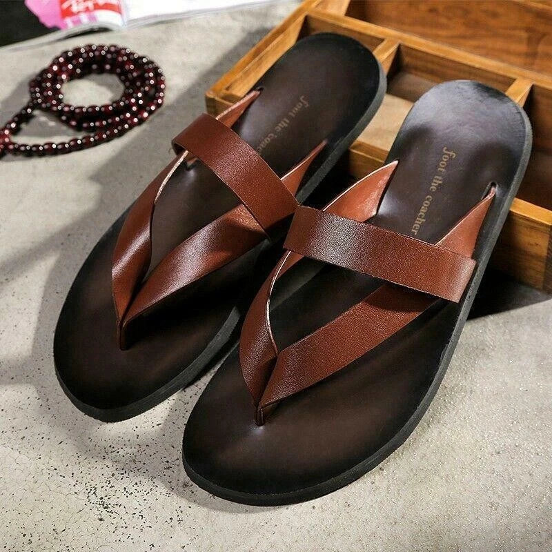 Mens Beach Outdoor Leather Sandals flip flops  Strap Shoes Anti-slip Slippers