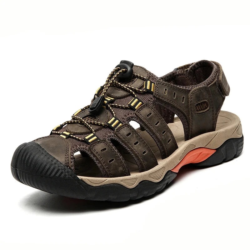 Men's Soft Leather Sandals Summer Lack Up Shoes Outdoor Comfort Beach Slippers