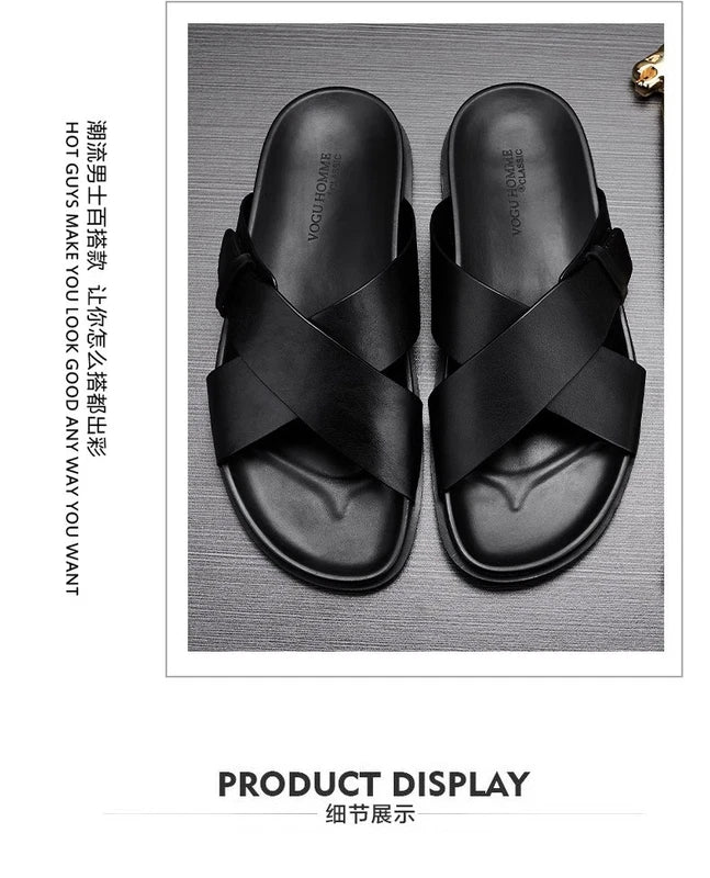 Roman Style Mens Open Toe Sandals Slippers Real Leather Flat Shoes Beach Outdoor