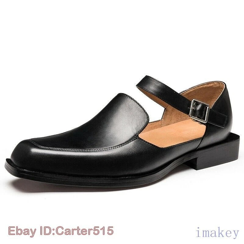 Men's Closed Toe Buckle Square Toe Breathable Leather Roman Sandals Casual Shoes