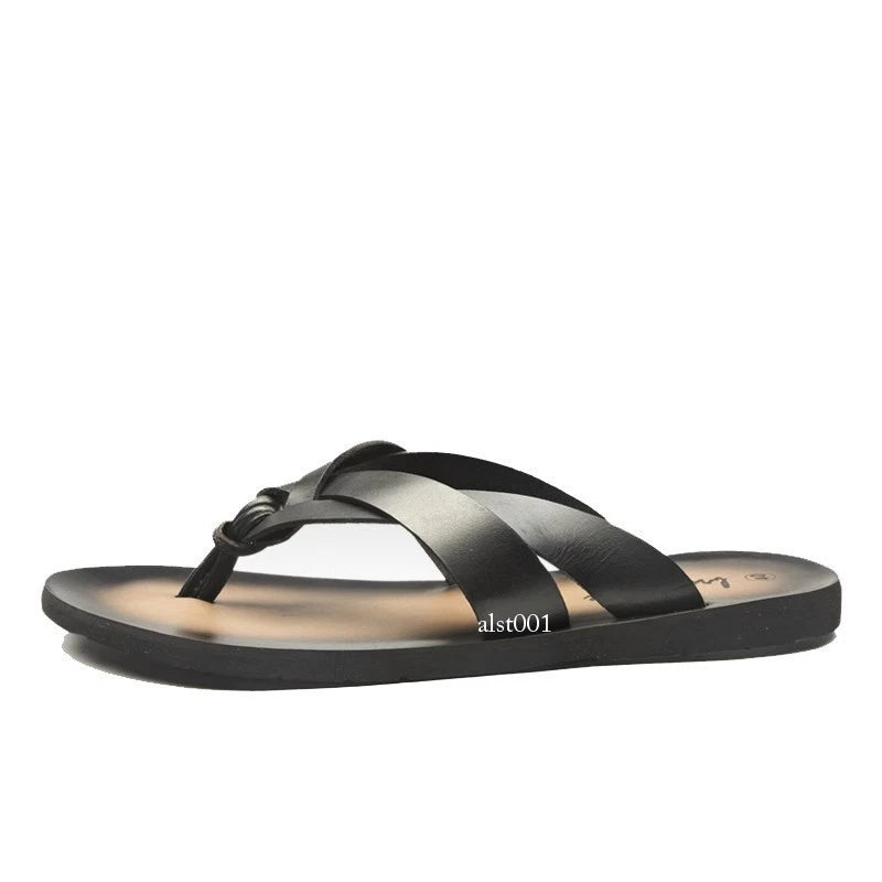 Summer Sandals New Men's Flip Flops Beach Shoes Leather Flats Casual Slippers Sz