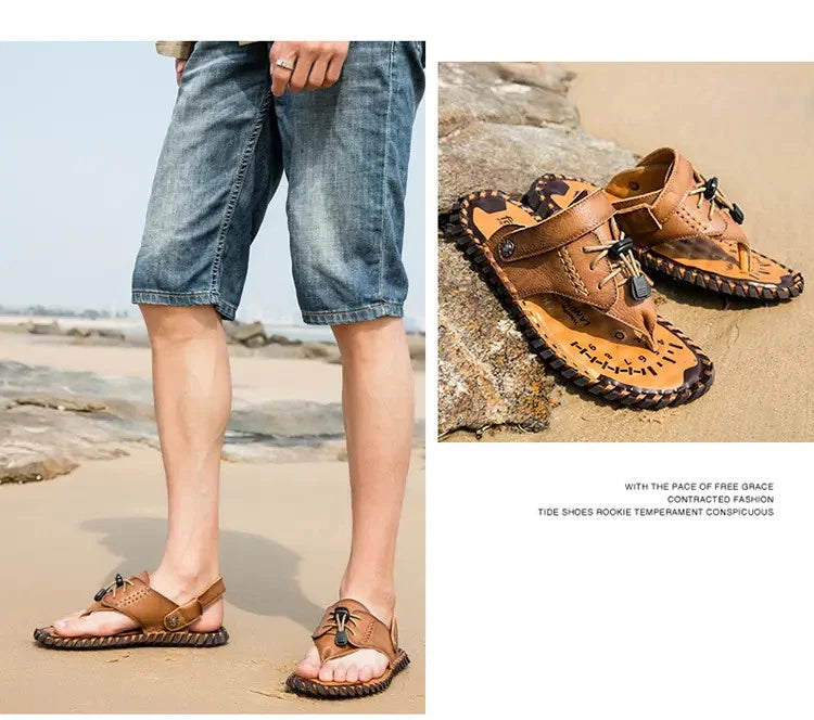 38-48 Plus Size Mens Real Leather Flip Flops Sandals Slipper Beach Holiday Shoes