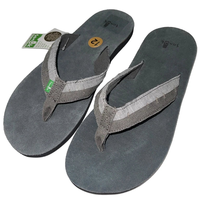 Sanuk Flip Flops Mens Gray Suede Leather Comfort Canvas Sandals Slippers Dr Fray
