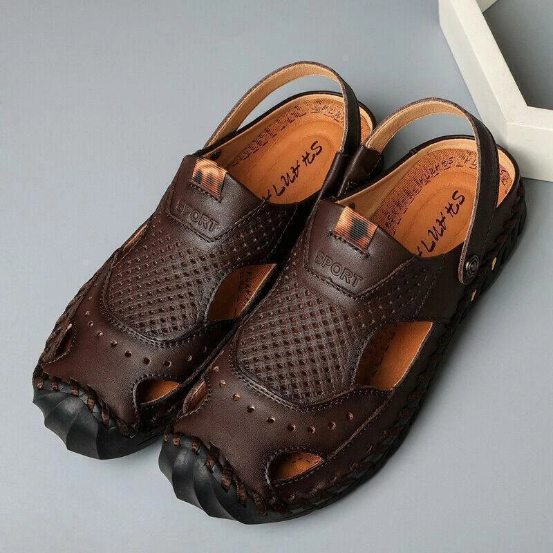 Summer Mens Casual Beach Sandals Casual Cut Out Slippers Leather Mules Outdoor