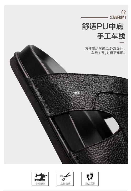 Mens Cowhide Slippers Outdoor Breathable Sandals Anti Slip Beach Casual Slippers