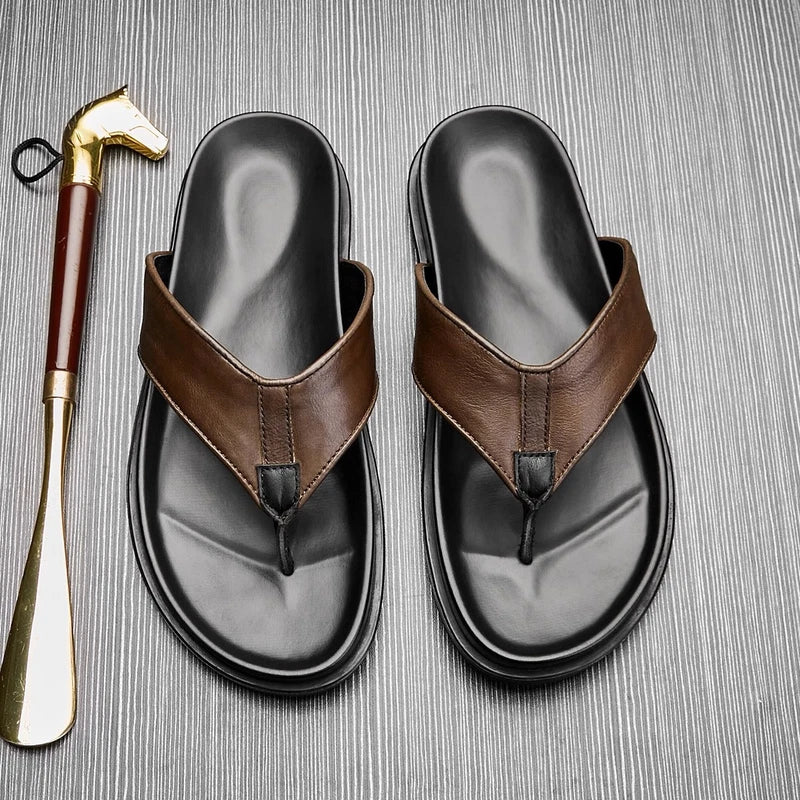 Personality Mens Flip Flops Real Leather Sandal Slipper Flat Beach Holiday Shoes
