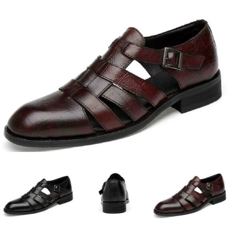 Mens Dress Formal Sandals Shoes Hollow Cut Out Buckle Leather Flats Roman Shoes
