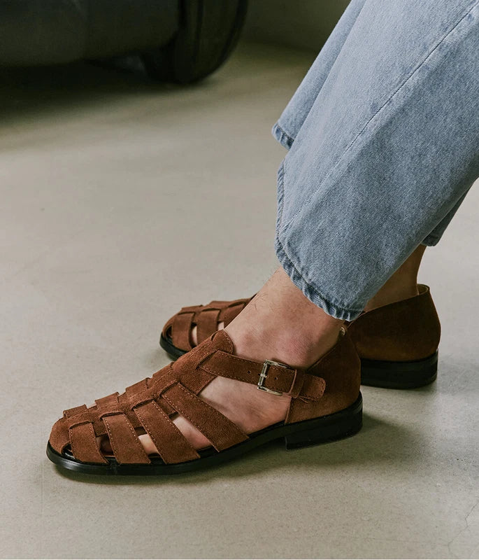 Firenze Atelier Men's Brown Suede Summer Closed Toe Fisherman Sandals Slippers