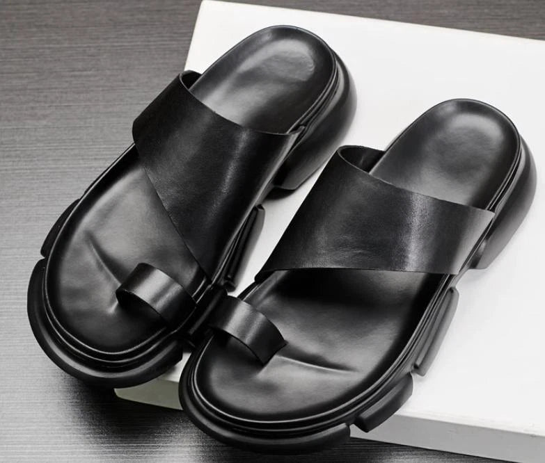 Mens Sandals Slippers Leather Casual Slip On Clip Toe Flats Beach Summer Shoes