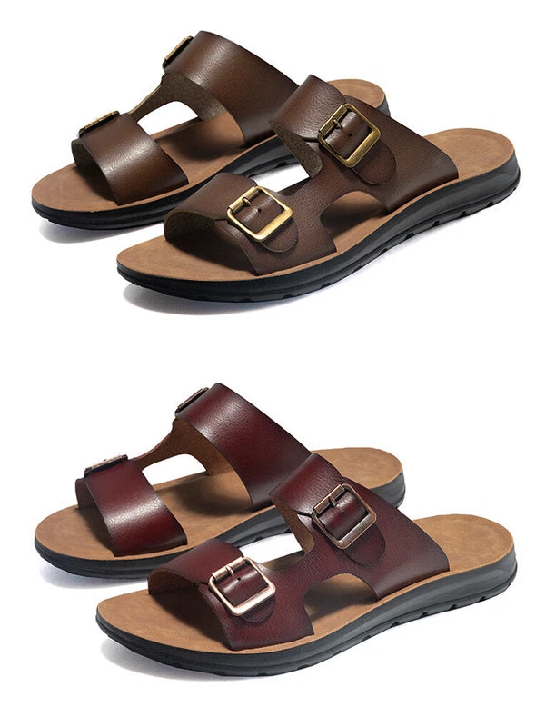 Mens Beach Summer Flats Heel Sandals Buckles Open Toe Slipper Leather Shoes 2025