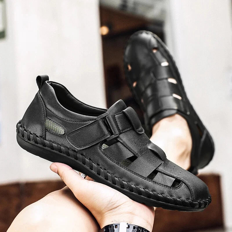 Men Leather Loafers Breathable Soft Sandals Handmade Non Slip Beach Slippers