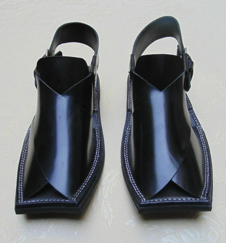 US 7, 8,9,10,11 MEN'S HANDMADE BLACK CHARSADA LEATHER PESHAWARI CHAPPEL