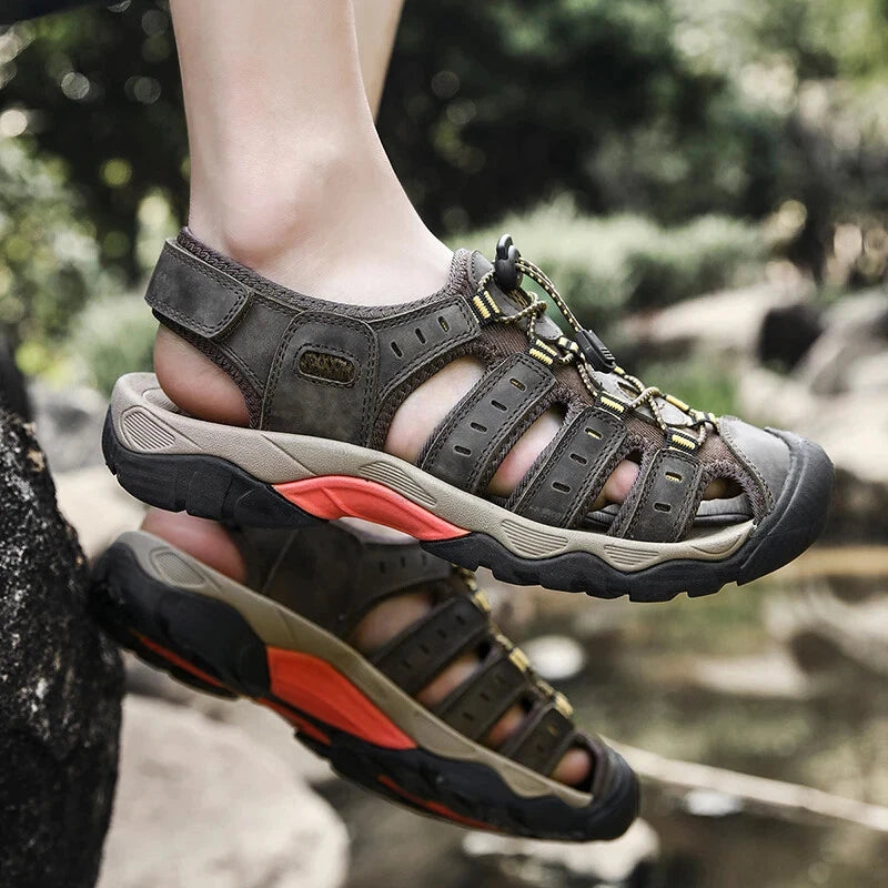 Men's Soft Leather Sandals Summer Lack Up Shoes Outdoor Comfort Beach Slippers