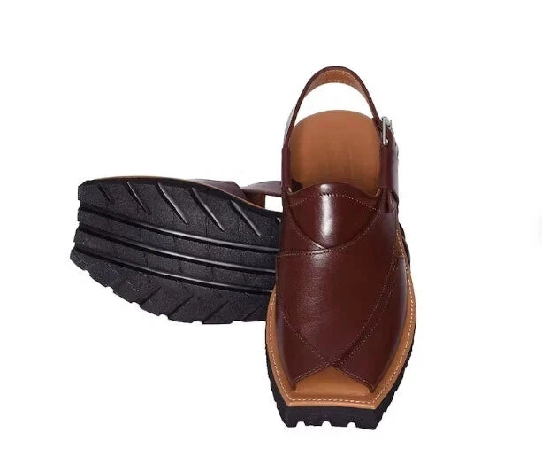 New Men's Handcrafted Cowhide Streaky Leather Dark Brown Color Peshawari Chappal