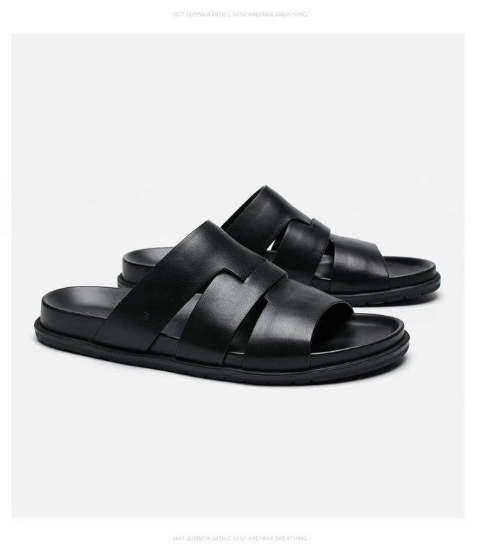Summer Open Toe Real Leather Mens Sandals Slippers Flats Shoes Beach Roman Style