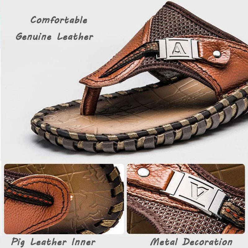 Men's Flip Flops Genuine Leather Slippers Men Beach Sandals Shoes