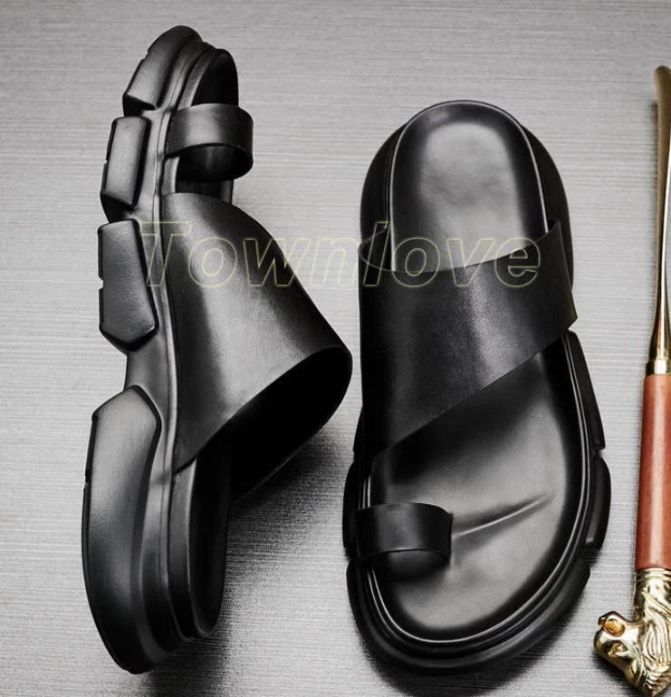 Men's Leather Sandals Shoes Slippers Casual Flip Flops Platform Beach Fashion