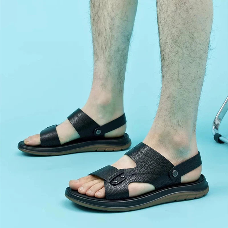 Open Toe Summer Slipper Sandals Beach Real Leather Mens Shoes Roman Style Casual