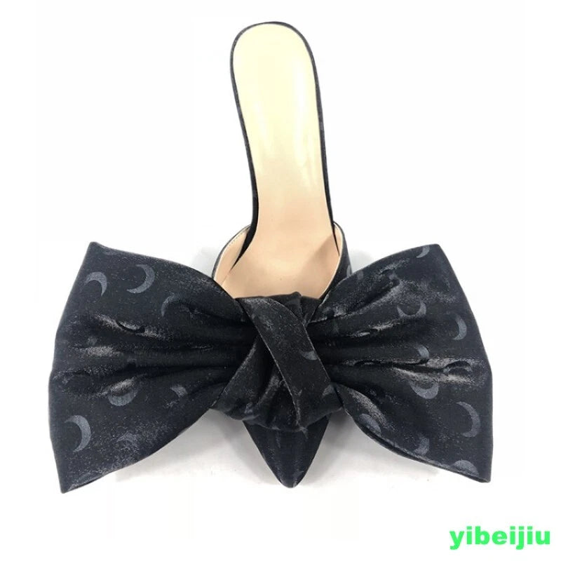 Fashion Womens Pointy Toe Big Bowknot Mules Slim High Heels Slippers Club Ladies
