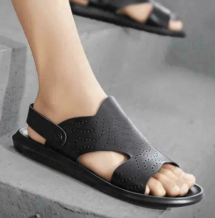 Men Summer Sandals Slippers Open Toe Slingbacks Cut Out Beach Leather Breathable